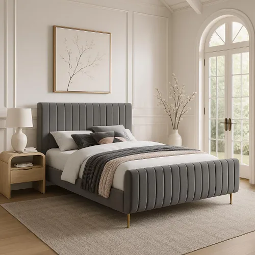 Vista 17 de Meridian Furniture Colección moderna Zara Cama tapizada de terciopelo contemporáneo con acolchonamiento de canal profundo y patas doradas a Crema