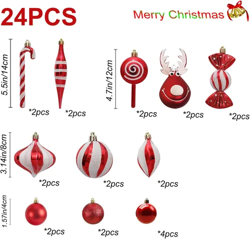 Vista 2 de 24 adornos de bolas navideñas para árbol, bastones de caramelo con alces navideños, bolas colgantes para árbol de Navidad, bolas decorativas