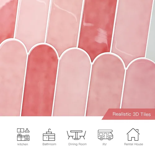Vista 3 de Azulejos Rosas para Salpicaduras de Cocina de Despegar y Pegar, Azulejos Autoadhesivos 3D Rosa Brillantes con Diseño de Plumas de Pavo Real
