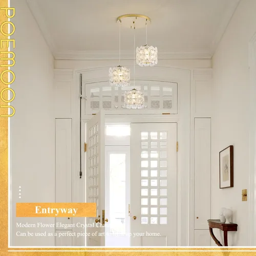 Vista 2 de Lámpara colgante de cristal de flor transparente con 3 luces de oro Dorado