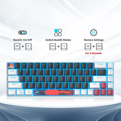 Vista 4 de Teclado 60% para juegos de 68 teclas, teclado mecánico retroiluminado LED, teclado compacto con cable con interruptor rojo para Windows PS45 Xbox