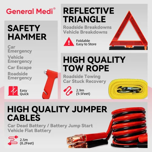 Vista 6 de General Medi Kit de emergencia para coche de 127 piezas incluye kit miniatura de primeros auxilios, cables de arranque, cuerda de remolque, vendaje