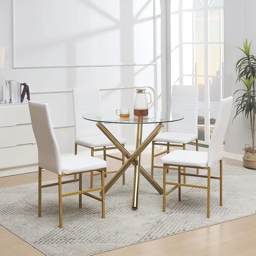 Vista 3 de Round Glass Dining Room Set for 4 Person Compact Glass Dining Table with Faux Leather Chairs with Golden Legs for Small Space/Apartment