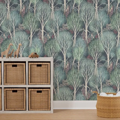 Vista 7 de Spoonflower Fairy Tale Woodland Pre-Pasted Removable Wallpaper Roll 24" x 108" Large Scalehand Drawn Neutral Gray Green Water-activated, simple