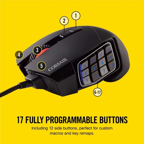 Vista 3 de Corsair Scimitar Pro RGB - Mouse para juegos MMO - Sensor óptico de 16,000 DPI - 12 botones laterales programables - Negro