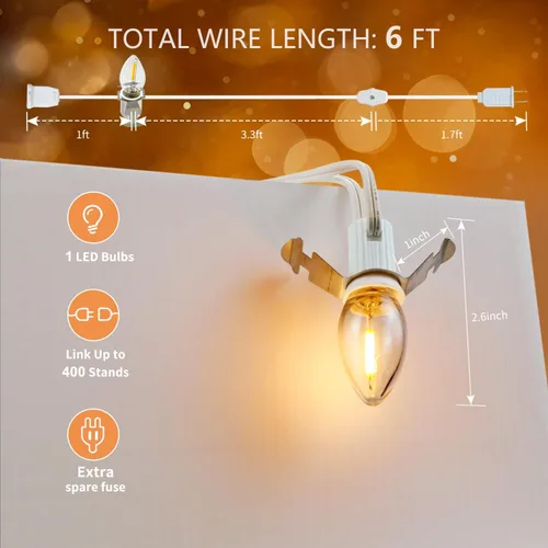 Vista 4 de Paquete de 2 cables de accesorios encadenables con bombilla LED C7, cable de luz de molde soplado interior de 6 ft con enchufes macho y hembra