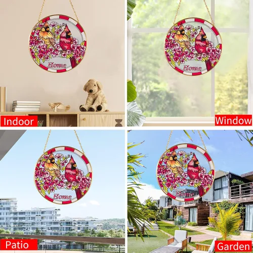 Vista 6 de Atrapasoles cardenal para colgar ventanas de vitrales para mujeres, mamá, pájaros rojos, atrapasoles, adorno colorido, regalo para amantes