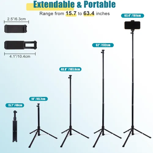 Vista 7 de Trípode para teléfono, trípode para selfie stick de 63 pulgadas compatible con iPhone/cámara/GoPro/cámara web, trípode ligero para teléfono