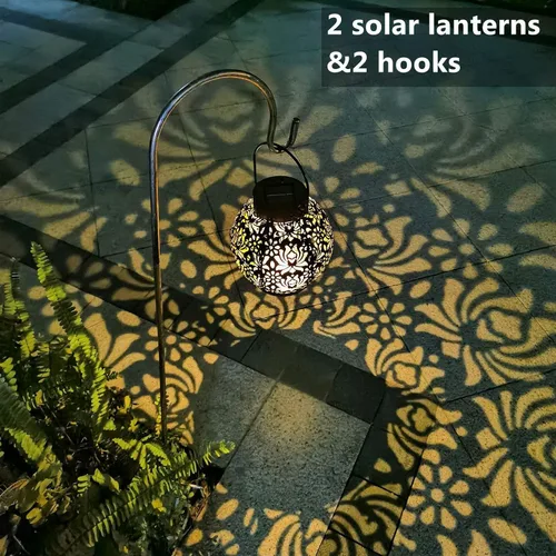 Vista 7 de 2 linternas y 2 ganchos. Luces solares para exteriores, faroles decorativos de jardín colgando en ganchos de pastor.