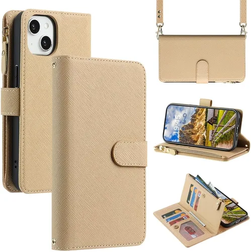 Vista 13 de Funda Cartera para iPhone 13/14 con Tarjetero, Funda Cruzada con Correa para el Hombro, Bolsillo con Cremallera Cartera de Cuero PU para iPhone 13