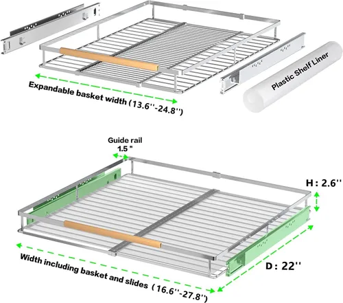 Vista 3 de Cajón de cesta deslizante expandible, organizador de gabinete extraíble, estantes de despensa deslizables resistentes para cocina, debajo