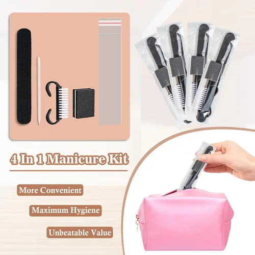Vista 2 de 20 juegos de kit de manicura desechable básico de 4 piezas para viajes, cepillo de agarre, mini pulidor de uñas, lima de uñas y palo de madera