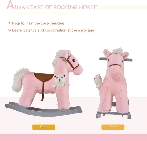 Vista 4 de Qaba Caballo mecedor de peluche para niños con juguete de oso, silla para niños con juguete de felpa suave y divertidos sonidos realistas, rosa