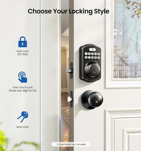 Vista 3 de Veise Cerradura de puerta de entrada sin llave con 2 perillas, cerrojo electrónico retroiluminado con asa, bloqueo automático, códigos únicos, Negro