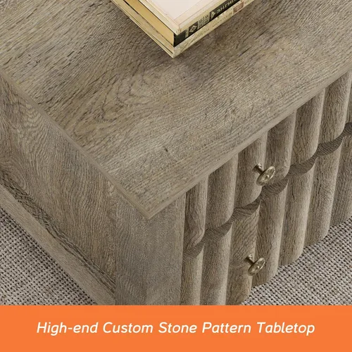 Vista 6 de WAMPAT Paquete de 2 mesas auxiliares modernas, mesa auxiliar rectangular con cajones de almacenamiento deslizantes, mesa central con patas de madera
