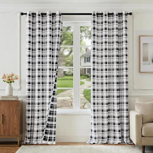 Vista 14 de Beauoop Cortinas Opacas de Jacquard a Cuadros Beige de 96 Pulgadas de Largo, 2 Paneles para Dormitorio y Sala de Estar, Cuadros Vichy