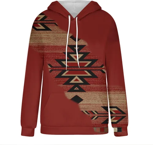 Vista 4 de Sudaderas con capucha estilo étnico azteca occidental para mujer, estilo casual, folk, manga larga, con bolsillo