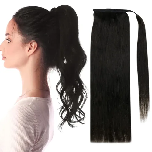 Vista 14 de Extensiones de cabello Full Shine con clip para cola de caballo, cabello humano, tonos medios marrones y rubio miel, envoltura alrededor de la cola