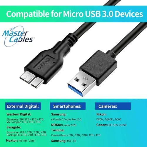 Vista 5 de Master Cables Cable de transferencia de datos USB 3.0 compatible con discos duros externos LaCie - Reemplazo USB tipo A a cable micro USB B