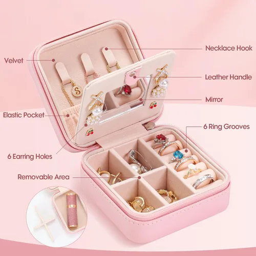 Vista 2 de Joyero de viaje personalizado con espejo, organizador de joyas pequeño, regalo ideal con monograma para mujeres y adolescentes, soporte de joyería