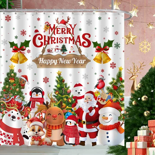 Vista 10 de JWXCBIM - Cortina de ducha de Navidad Feliz Navidad y Feliz Año Nuevo, decoración para el hogar de Papá Noel y muñeco de nieve, cortina de baño