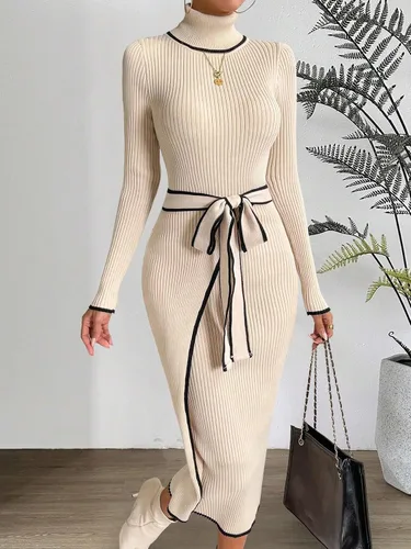 Vista 6 de MakeMeChic Elegante vestido de suéter de manga larga con cinturón de cuello alto a rayas para mujer