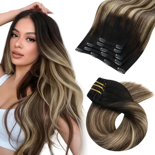 Vista 104 de Moresoo Extensiones de cabello humano con clip, balayage, color marrón oscuro a marrón dorado con clip, extensiones de cabello humano con clip, 5