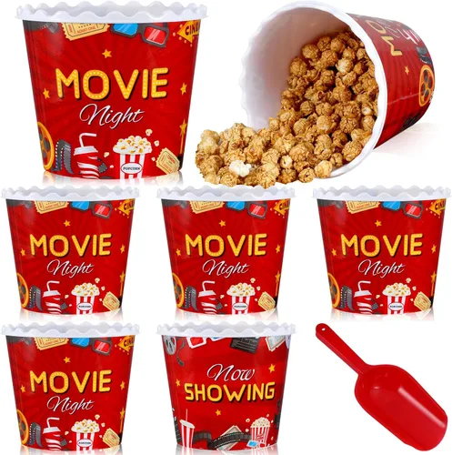 Vista 8 de Roshtia 6 recipientes de plástico para palomitas de maíz, cubos reutilizables, cajas de palomitas de maíz de 75 onzas, cuenco con cuchara