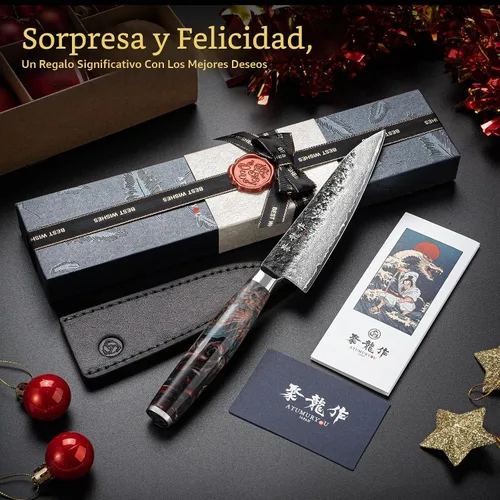 Vista 2 de Cuchillo utilitario japonés de 5.5", acero Damasco VG10 de 67 capas forjado