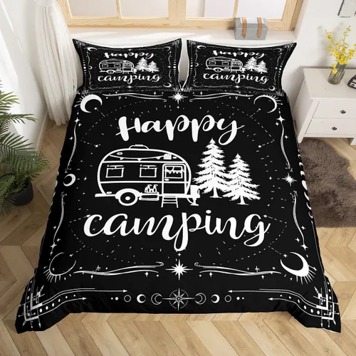 Vista 16 de Erosebridal Juego de funda de edredón de cabaña de cabaña, ropa de cama individual para niños, funda de edredón de campamento feliz, ropa de cama