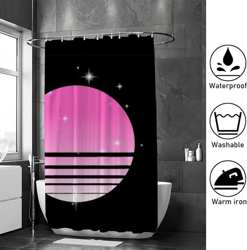 Vista 4 de Kuizee Synthwave Cyberpunk - Cortina de ducha para baño, 60 x 72 pulgadas, con 12 ganchos Synthwave Cyberpunk Sun Starry Sky Black Bañeras
