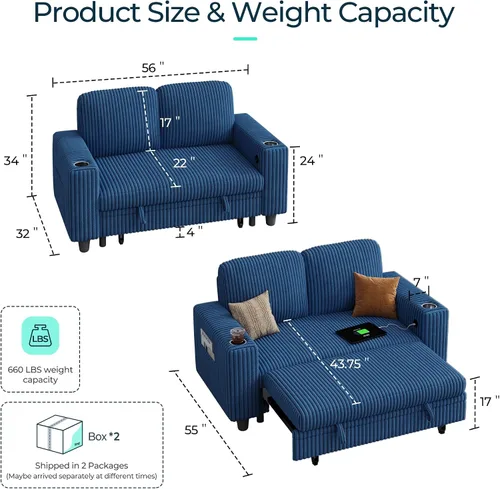 Vista 2 de LINSY HOME Sofá cama seccional con sofá cama extraíble para sala de estar (azul) Plush Corduroy