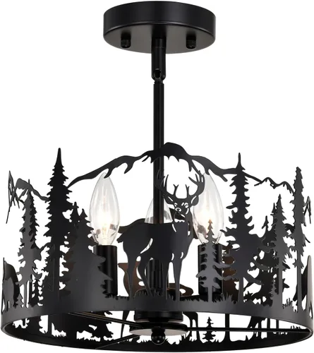 Vista 15 de Lámpara de techo semiempotrada, lámpara de techo rústica de metal de pergamino blanco con diseño de mariposa, candelabros negros industriales de 3