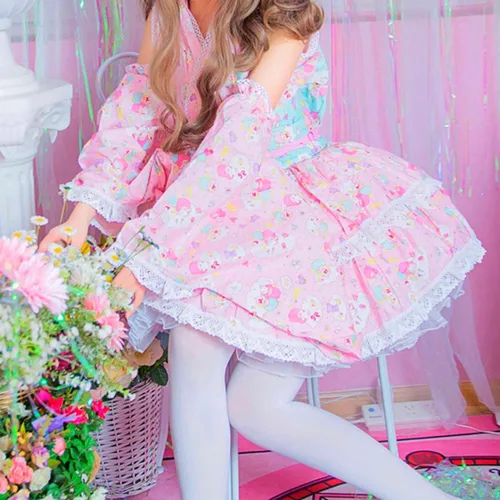 Vista 5 de BelugaDesign Vestido Kawaii Lolita Lindo juego de 8 piezas rosa pastel Falda camisa, cinturón manga lazo para mujer