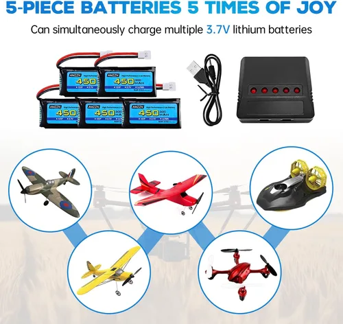 Vista 2 de 5 baterías Lipo de 3.7 V 450 mAh 30C con cargador 5 en 1 enchufe Molex compatible con la mayoría de drones RC, aviones de cuatro ejes y modelos
