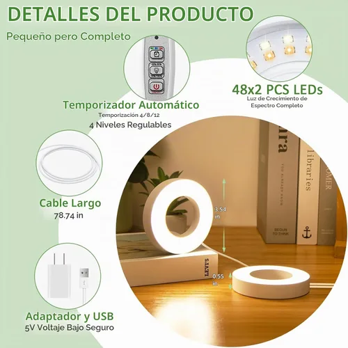 Vista 4 de LORDEM Lámpara de techo para el crecimiento de plantas, 96 LEDs, luz LED de espectro completo, lámpara de 5V con interruptor automático de 4/8/12H