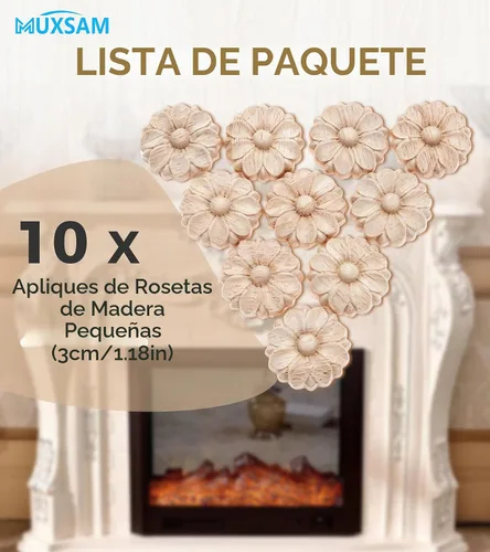 Vista 5 de MUXSAM Paquete de 10 rosetas de madera, apliques pequeños onlay, sin pintar, calcomanías redondas de tallado de flores para el hogar, armarios