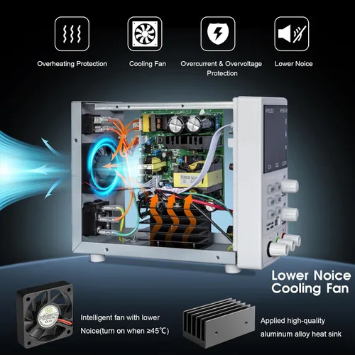 Vista 4 de Fuente de alimentación CC variable, fuente de alimentación de banco regulada de conmutación 0-50V 0-6A máx150W con memoria, pantalla LED de 4