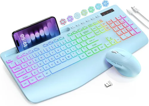 Vista 13 de Combo de teclado y mouse inalámbricos SABLUTE - 9 efectos retroiluminados, 2.4 GHz Ergo Wrist Rest, Phone Holder, Full Size, Rechargeable, Sleep