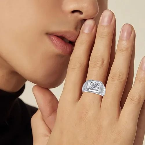Vista 2 de Anillos de moissanita para hombre, 1 quilate de 0.256in, centro solitario, moissanita, anillo de boda para hombre, aniversario, cumpleaños, promesa