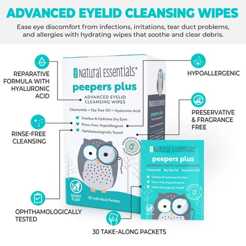 Vista 2 de Toallitas para párpados Peepers Plus de Natural Essentials, toallitas para ojos sin conservantes y sin enjuague para uso diario, ácido hialurónico