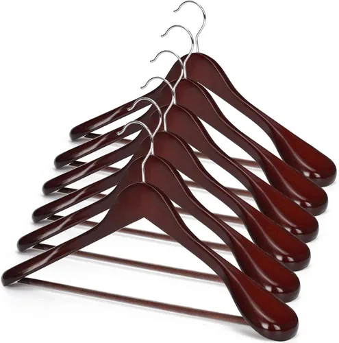 Vista 9 de JS Hanger Perchas de madera para trajes, paquete de 6 perchas de madera extra anchas con barra antideslizante para pantalones, acabado negro extra