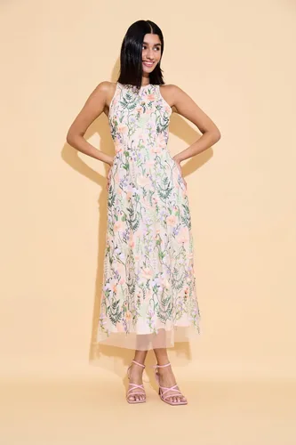 Vista 6 de Maggy London Vestido midi con cuello halter bordado floral con cuello en V en la espalda
