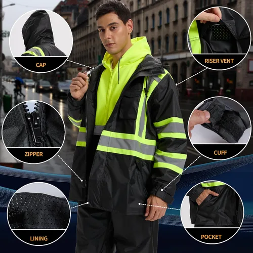 Vista 4 de SRsafety Equipo de lluvia de alta visibilidad, equipo de lluvia de trabajo de alta visibilidad clase 3 para hombres, trajes de lluvia de construcción