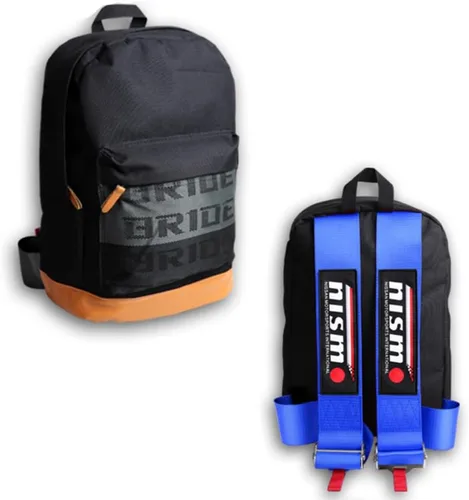 Vista 17 de W-POWER JDM Bride Racing Mochila de viaje para laptop con parte inferior marrón con correas de arnés ajustables (ASIMO-BK)