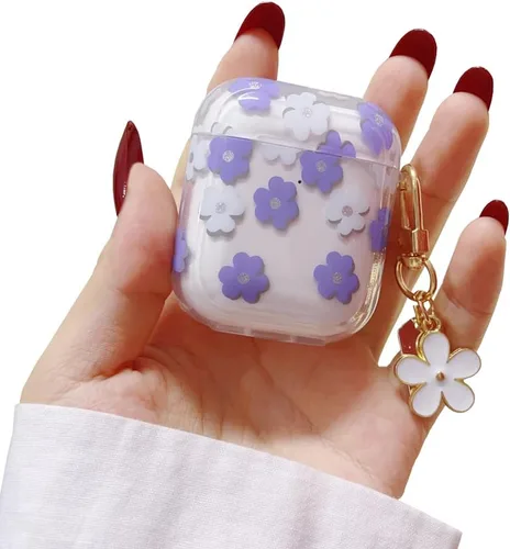 Vista 16 de Funda protectora para AirPods Pro de 1ª generación con llavero, bonita funda protectora para auriculares con flores negras y flores, TPU suave