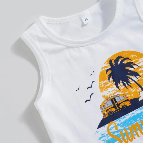 Vista 4 de Conjunto de pantalones cortos para niños pequeños, camiseta estampada junto al mar, 2 piezas, ropa de verano