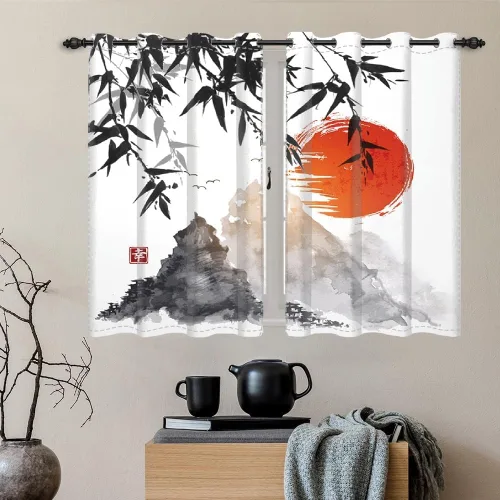 Vista 71 de Cortinas japonesas con pintura de tinta, monte Fuji, sol rojo, puesta de sol, hojas de bambú, cortinas de ventana para dormitorio, sala de estar