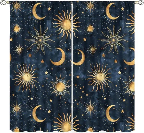 Vista 13 de Cortinas Florales de Luna Flores Silvestres Fase Jardín Iluminado por la Luna Estética Boho Primavera Naturaleza Juego de Tratamiento de Ventana