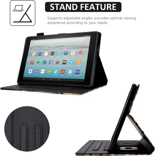 Vista 5 de Funda para tablet Fire HD 8 (8ª/7ª/6ª generación, versión 2018/2017/2016), funda protectora de piel sintética con función atril y encendido Flores